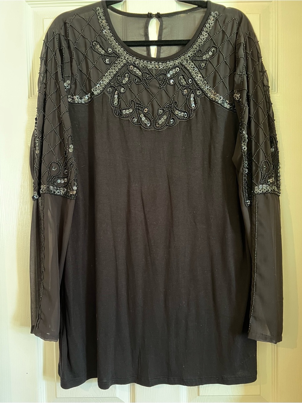 Forever 21 Black Beaded Long-Sleeve Tunic with Sheer Sleeves. XXL
